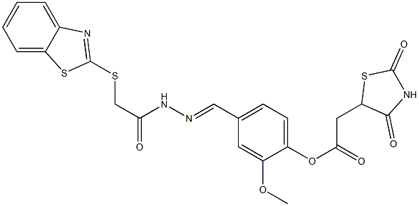 (E)-4-((2-(2-(benzo[d]thiazol-2-ylthio)acetyl)hydrazono)methyl)-2-methoxyphenyl 2-(2,4-dioxothiazolidin-5-yl)acetate 구조식 이미지