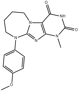 9-(4-Methoxy-phenyl)-1-methyl-6,7,8,9-tetrahydro-1H,5H-1,3,4b,9,10-pentaaza-benzo[a]azulene-2,4-dione Structure