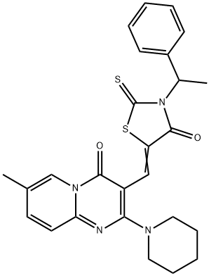 (Z)-5-((7-methyl-4-oxo-2-(piperidin-1-yl)-4H-pyrido[1,2-a]pyrimidin-3-yl)methylene)-3-(1-phenylethyl)-2-thioxothiazolidin-4-one Structure