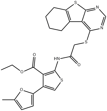 ethyl 4-(5-methylfuran-2-yl)-2-(2-((5,6,7,8-tetrahydrobenzo[4,5]thieno[2,3-d]pyrimidin-4-yl)thio)acetamido)thiophene-3-carboxylate Structure