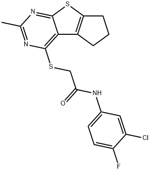 N-(3-chloro-4-fluorophenyl)-2-((2-methyl-6,7-dihydro-5H-cyclopenta[4,5]thieno[2,3-d]pyrimidin-4-yl)thio)acetamide 구조식 이미지