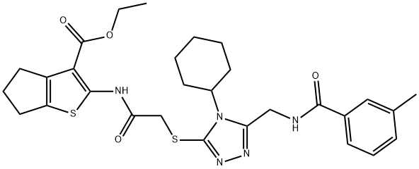 ethyl 2-(2-((4-cyclohexyl-5-((3-methylbenzamido)methyl)-4H-1,2,4-triazol-3-yl)thio)acetamido)-5,6-dihydro-4H-cyclopenta[b]thiophene-3-carboxylate 구조식 이미지