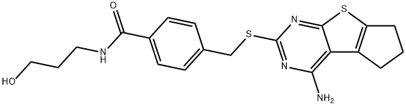 4-(((4-amino-6,7-dihydro-5H-cyclopenta[4,5]thieno[2,3-d]pyrimidin-2-yl)thio)methyl)-N-(3-hydroxypropyl)benzamide 구조식 이미지