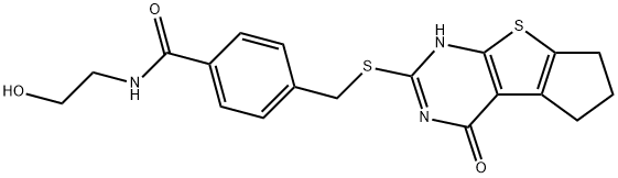 N-(2-hydroxyethyl)-4-(((4-oxo-3,5,6,7-tetrahydro-4H-cyclopenta[4,5]thieno[2,3-d]pyrimidin-2-yl)thio)methyl)benzamide 구조식 이미지