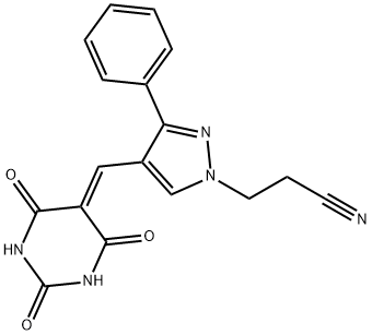 3-(3-phenyl-4-((2,4,6-trioxotetrahydropyrimidin-5(2H)-ylidene)methyl)-1H-pyrazol-1-yl)propanenitrile Structure