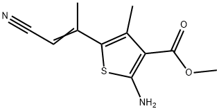 methyl 2-amino-5-[(1E)-1-cyanoprop-1-en-2-yl]-4-methylthiophene-3-carboxylate 구조식 이미지