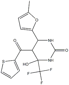 4-hydroxy-6-(5-methylfuran-2-yl)-5-(thiophene-2-carbonyl)-4-(trifluoromethyl)-1,3-diazinan-2-one Structure