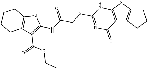 ethyl 2-(2-((4-oxo-3,5,6,7-tetrahydro-4H-cyclopenta[4,5]thieno[2,3-d]pyrimidin-2-yl)thio)acetamido)-4,5,6,7-tetrahydrobenzo[b]thiophene-3-carboxylate 구조식 이미지