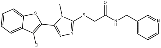 2-((5-(3-chlorobenzo[b]thiophen-2-yl)-4-methyl-4H-1,2,4-triazol-3-yl)thio)-N-(pyridin-3-ylmethyl)acetamide 구조식 이미지