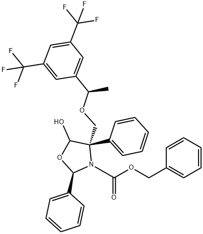 3-Oxazolidinecarboxylic acid, 4-[[(1R)-1-[3,5-bis(trifluoromethyl)phenyl]ethoxy]methyl]-5-hydroxy-2,4-diphenyl-, phenylmethyl ester, (2R,4S)- Structure
