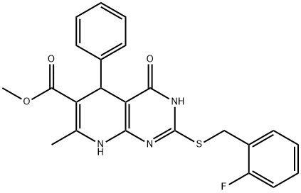 methyl 2-((2-fluorobenzyl)thio)-7-methyl-4-oxo-5-phenyl-3,4,5,8-tetrahydropyrido[2,3-d]pyrimidine-6-carboxylate 구조식 이미지