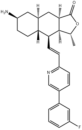 (3R,3aS,4S,4aR,7R,8aR,9aR)-7-amino-4-((E)-2
-(5-(3-fluorophenyl)pyridin-2-yl)vinyl)-3-methyldecahydronaphtho[2,3-c]furan-1(3H)-one Structure