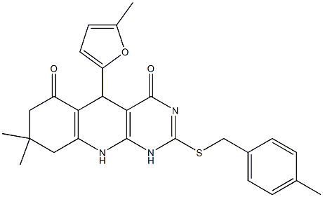 8,8-dimethyl-5-(5-methylfuran-2-yl)-2-[(4-methylphenyl)methylsulfanyl]-5,7,9,10-tetrahydro-1H-pyrimido[4,5-b]quinoline-4,6-dione Structure