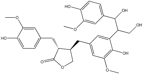 2(3H)-Furanone,dihydro-4-[[4-hydroxy-3-[2-hydroxy-2-(4-hydroxy-3-methoxyphenyl)-1-(hydroxymethyl)ethyl]-5-methoxyphenyl]methyl]-3-[(4-hydroxy-3-methoxyphenyl)methyl]-,(3R,4R)- 구조식 이미지
