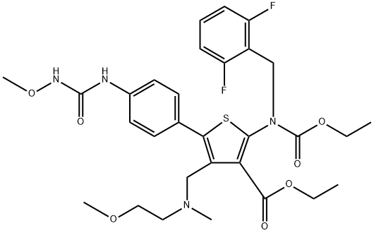 ethyl 2-((2,6-difluorobenzyl)(ethoxycarbonyl)amino)-4-(((2-methoxyethyl)(methyl)amino)methyl)-5-(4-(3-methoxyureido)phenyl)thiophene-3-carboxylate Structure