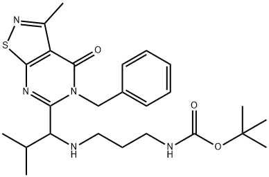 tert-butyl (3-((1-(5-benzyl-3-methyl-4-oxo-4,5-dihydroisothiazolo[5,4-d]pyrimidin-6-yl)-2-methylpropyl)amino)propyl)carbamate 구조식 이미지