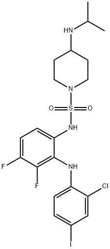 N-[2-(2-chloro-4-iodoanilino)-3,4-difluorophenyl]-4-(propan-2-ylamino)piperidine-1-sulfonamide 구조식 이미지