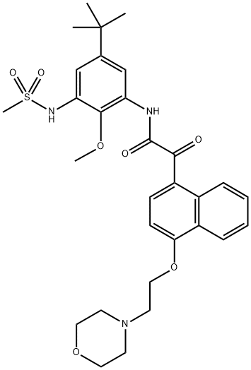 N-{2-Methoxy-5-(2-methyl-2-propanyl)-3-[(methylsulfonyl)amino]phenyl}-2-{4-[2-(4-morpholinyl)ethoxy]-1-naphthyl}-2-oxoacetamide 구조식 이미지