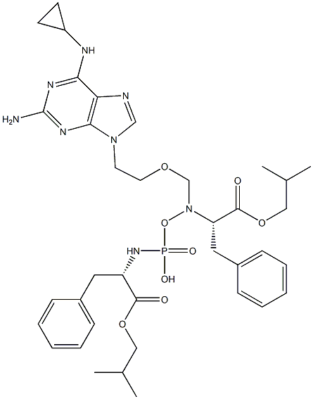 2-methylpropyl (2S)-2-{[({2-[2-amino-6-(cyclopropylamino)-9H-purin-9-yl]ethoxy}methyl)({[(2S)-1-(2-methylpropoxy)-1-oxo-3-phenylpropan-2-yl]amino})phosphoryl]amino}-3-phenylpropanoate 구조식 이미지