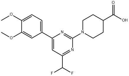 1-[4-(Difluoromethyl)-6-(3,4-dimethoxyphenyl)pyrimidin-2-yl]piperidine-4-carboxylic acid 구조식 이미지