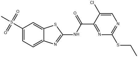 5-chloro-2-ethylsulfanyl-N-(6-methylsulfonyl-1,3-benzothiazol-2-yl)pyrimidine-4-carboxamide 구조식 이미지