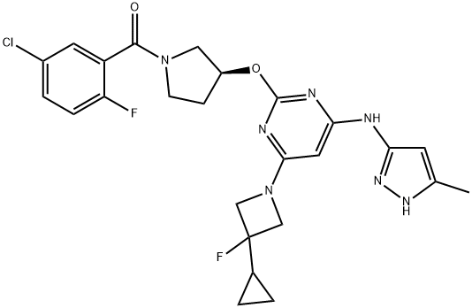 Methanone, (5-chloro-2-fluorophenyl)[(3S)-3-[[4-(3-cyclopropyl-3-fluoro-1-azetidinyl)-6-[(5-methyl-1H-pyrazol-3-yl)amino]-2-pyrimidinyl]oxy]-1-pyrrolidinyl]- Structure