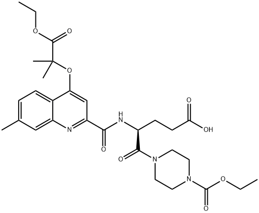 (4S)-5-(4-ethoxycarbonylpiperazin-1-yl)-4-[[4-(1-ethoxy-2-methyl-1-oxopropan-2-yl)oxy-7-methylquinoline-2-carbonyl]amino]-5-oxopentanoic acid Structure