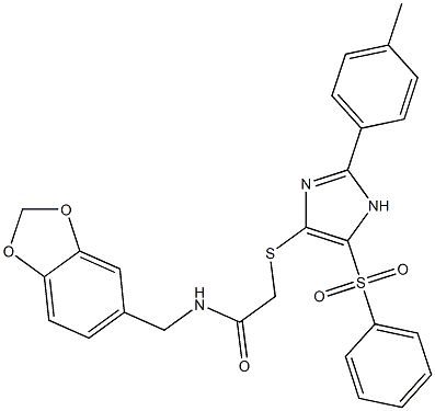 2-[[5-(benzenesulfonyl)-2-(4-methylphenyl)-1H-imidazol-4-yl]sulfanyl]-N-(1,3-benzodioxol-5-ylmethyl)acetamide Structure