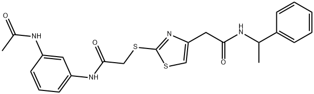 2-[2-[2-(3-acetamidoanilino)-2-oxoethyl]sulfanyl-1,3-thiazol-4-yl]-N-(1-phenylethyl)acetamide Structure