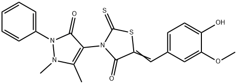 (E)-3-(1,5-dimethyl-3-oxo-2-phenyl-2,3-dihydro-1H-pyrazol-4-yl)-5-(4-hydroxy-3-methoxybenzylidene)-2-thioxothiazolidin-4-one Structure