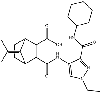 3-((3-(cyclohexylcarbamoyl)-1-ethyl-1H-pyrazol-4-yl)carbamoyl)-7-(propan-2-ylidene)bicyclo[2.2.1]heptane-2-carboxylic acid Structure
