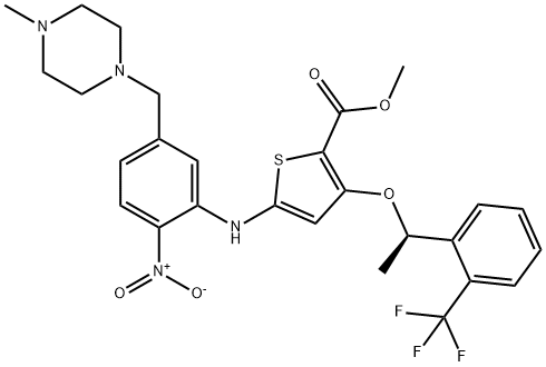 (R)-methyl 5-((5-((4-methylpiperazin-1-yl)methyl)-2-nitrophenyl)amino)-3-(1-(2-(trifluoromethyl)phenyl)ethoxy)thiophene-2-carboxylate Structure