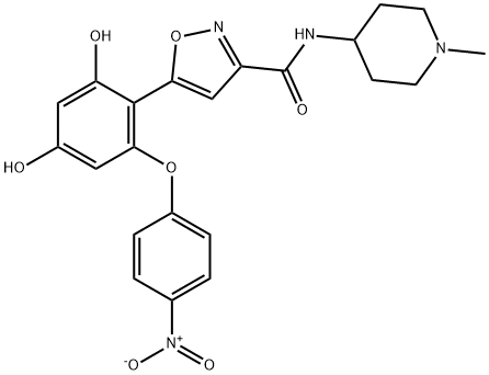 5-[2,4-Dihydroxy-6-(4-nitrophenoxy)phenyl]-N-(1-methyl-4-piperidinyl)-3-isoxazolecarboxamide 구조식 이미지