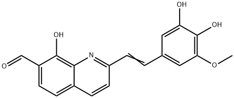 7-Quinolinecarboxaldehyde, 2-[2-(3,4-dihydroxy-5-methoxyphenyl)ethenyl]-8-hydroxy- 구조식 이미지