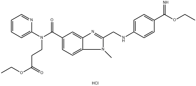 ethyl 3-(2-(((4-(ethoxy(imino)methyl)phenyl)amino)methyl)-1-methyl-N-(pyridin-2-yl)-1H-benzo[d]imidazole-5-carboxamido)propanoate hydrochloride 구조식 이미지