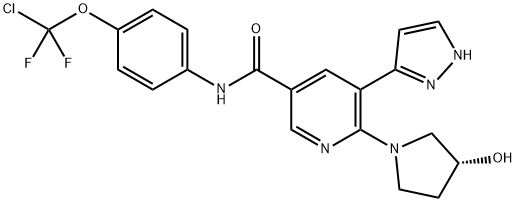 (R)-N- (4-(chlorodifluoromethoxy)phenyl)- 6-(3- hydroxypyrrolidin-1- yl)-5- (1H-pyrazol- 5-yl)nicotinamide Structure