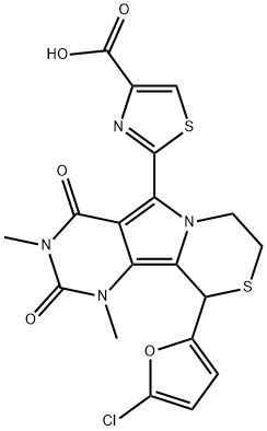 2-(10-(5-chlorofuran-2-yl)-1,3-dimethyl-2,4-dioxo-1,3,4,7,8,10-hexahydro-2H-pyrimido[4',5':3,4]pyrrolo[2,1-c][1,4]thiazin-5-yl)thiazole-4-carboxylicacid Structure