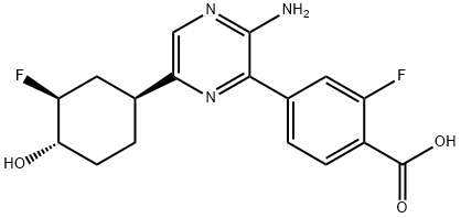 4-(3-amino-6-((1S,3S,4S)-3-fluoro-4-hydroxycyclohexyl)pyrazin-2-yl)-2-fluoro benzoic acid 구조식 이미지