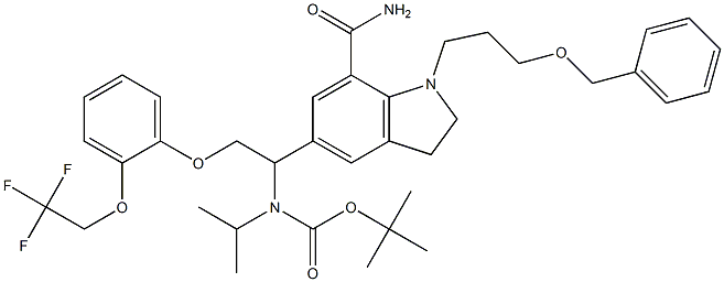 tert-butyl (2R)-1-[1-(3-benzyloxypropyl)-7-carbamoyl-indolin-5--yl]propan-2-yl2-[2-(2,2,2-trifluoroethoxy)phenoxy]ethylcarbamate Structure