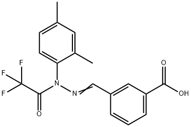 -3-((2-(2,4-dimethylphenyl)-2-(2,2,2-trifluoroacetyl)hydrazono)methyl)benzoic acid 구조식 이미지