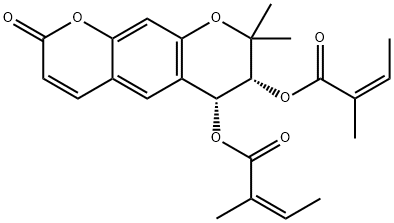 (2Z,2'Z)-(3R,4R)-2,2-dimethyl-8-oxo-2,3,4,8-tetrahydropyrano[3,2-g]chromene-3,4-diyl bis(2-methylbut-2-enoate) Structure