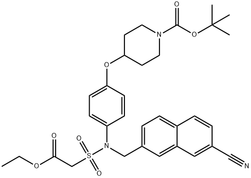 tert-butyl 4-(4-(N-((7-cyanonaphthalen-2-yl)methyl)-2-ethoxy-2-oxoethylsulfonamido)phenoxy)piperidine-1-carboxylate(WXG03239) Structure