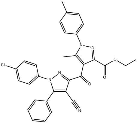 ethyl 4-(1-(4-chlorophenyl)-4-cyano-5-phenyl-1H-pyrazole-3-carbonyl)-5-methyl-1-(p-tolyl)-1H-pyrazole-3-carboxylate Structure