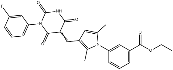 ethyl 3-(3-{(E)-[1-(3-fluorophenyl)-2,4,6-trioxotetrahydropyrimidin-5(2H)-ylidene]methyl}-2,5-dimethyl-1H-pyrrol-1-yl)benzoate 구조식 이미지