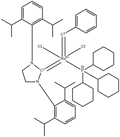 Dichloro[1,3-bis(2,6-isopropylphenyl)-2-imidazolidinylidene](benzylidene)(tricyclohexylphosphine)ruthenium(II) 구조식 이미지