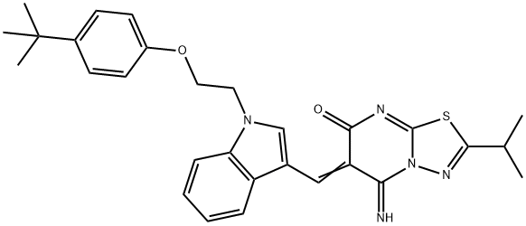 (6Z)-6-({1-[2-(4-tert-butylphenoxy)ethyl]-1H-indol-3-yl}methylidene)-5-imino-2-(propan-2-yl)-5,6-dihydro-7H-[1,3,4]thiadiazolo[3,2-a]pyrimidin-7-one 구조식 이미지