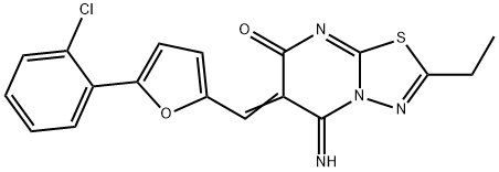 (6E)-6-{[5-(2-chlorophenyl)furan-2-yl]methylidene}-2-ethyl-5-imino-5,6-dihydro-7H-[1,3,4]thiadiazolo[3,2-a]pyrimidin-7-one 구조식 이미지