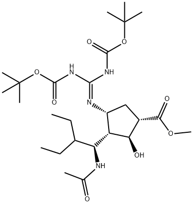 (1S,2S,3R,4R)-METHYL 3-((S)-1-ACETAMIDO-2-ETHYLBUTYL)-4-((Z)-2,3-BIS(TERT-BUTOXYCARBONYL)GUANIDINO)-2-HYDROXYCYCLOPENTANECARBOXYLATE Structure