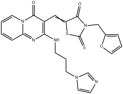 3-{(Z)-[3-(furan-2-ylmethyl)-4-oxo-2-thioxo-1,3-thiazolidin-5-ylidene]methyl}-2-{[3-(1H-imidazol-1-yl)propyl]amino}-4H-pyrido[1,2-a]pyrimidin-4-one Structure