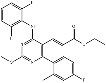 ethyl 3-(4-((2,6-difluorophenyl)amino)-6-(4-fluoro-2-methylphenyl)-2-(methylthio)pyrimidin-5-yl)acrylate(WXG01153) 구조식 이미지